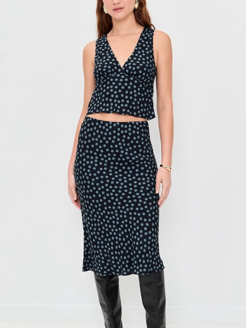 NWT Reformation Ryan set Navy Polka Dot Midi Skirt cosmic dot